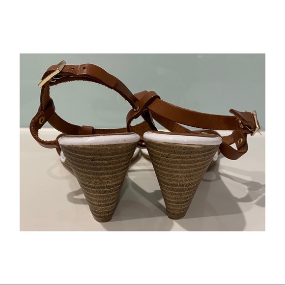MISANO TAN WEDGE ITALIAN LEATHER T BAR SANDALS - Picture 6 of 9